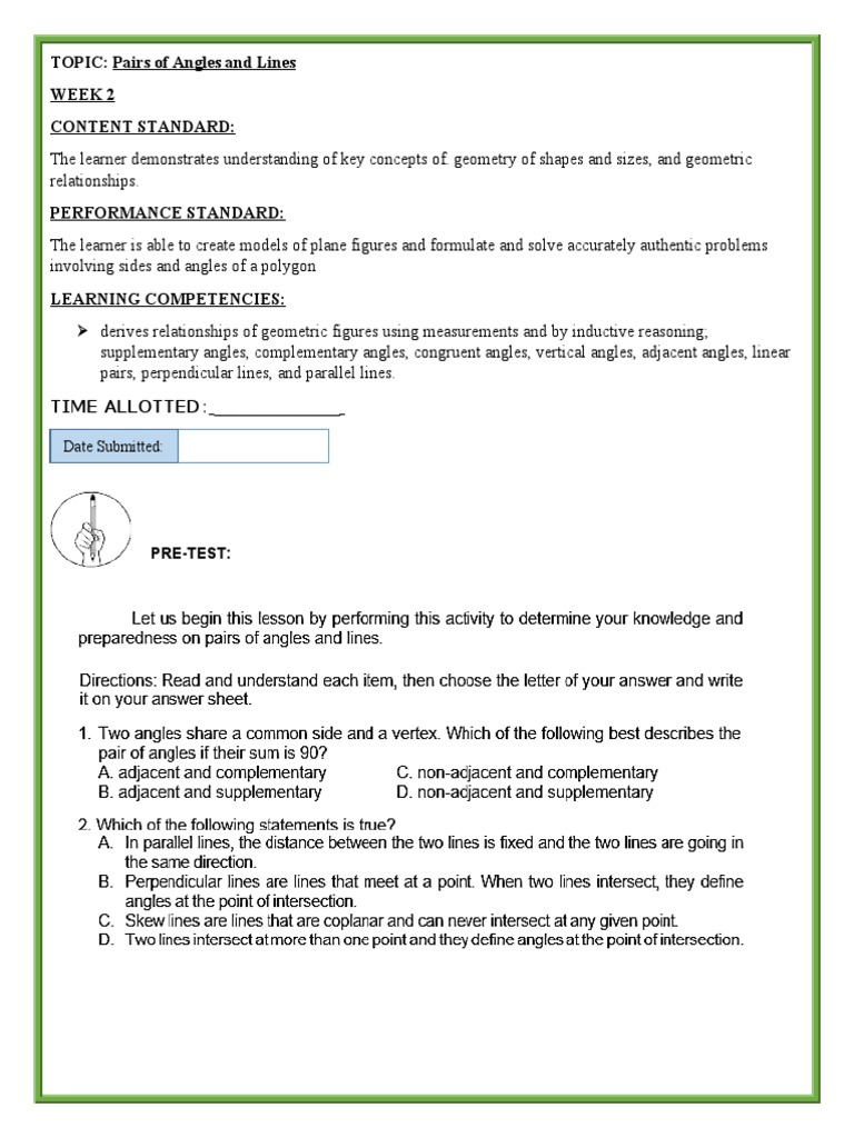 TOPIC: Pairs of Angles and Lines Week 2 Content Standard:: Date ...
