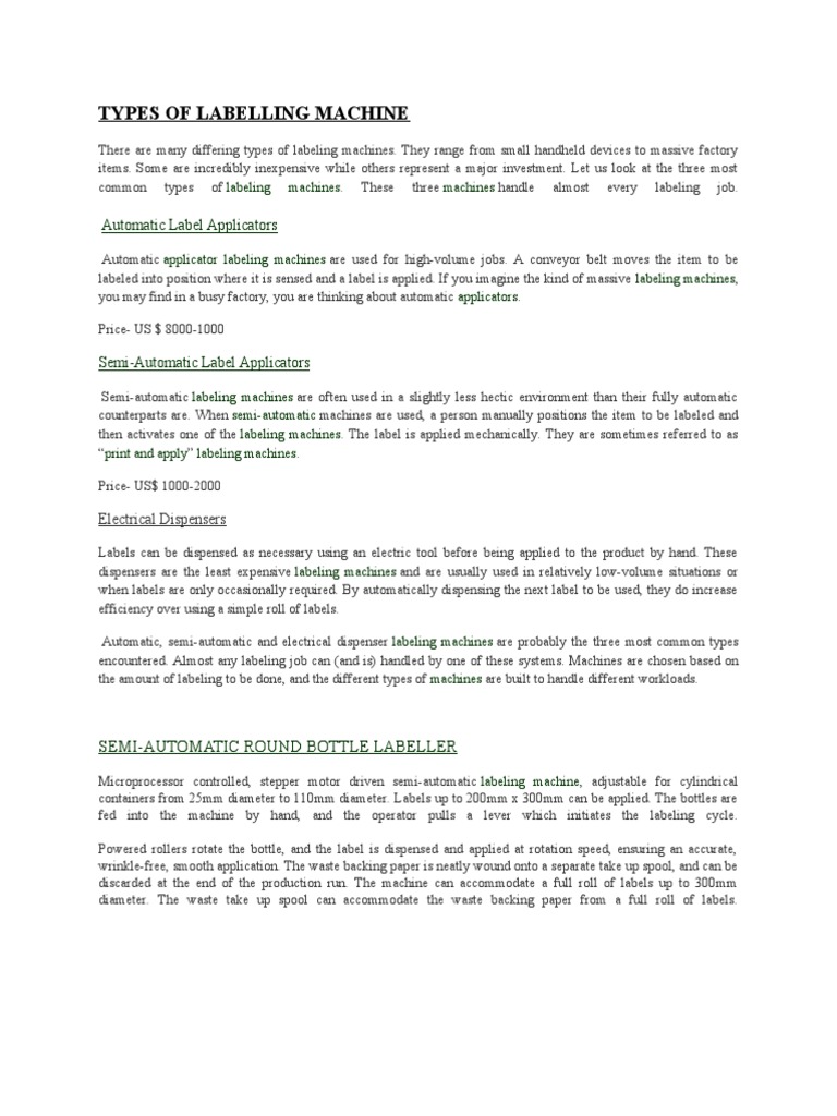 Types of Labelling Machine | PDF | Printer (Computing) | Machines