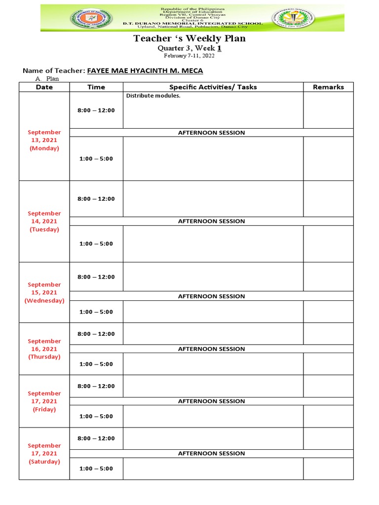 Teacher S Weekly Plan: Date Time Specific Activities/ Tasks Remarks | PDF