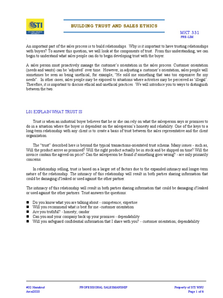 Building Trust in Sales Ethics | PDF | Sales | Customer
