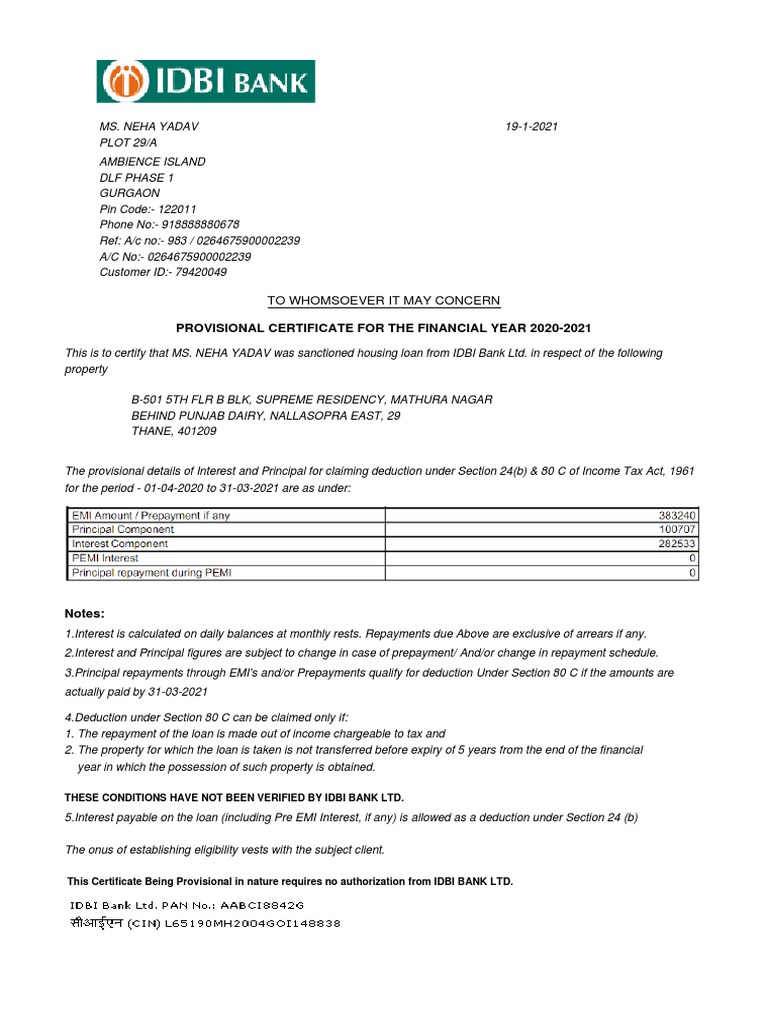 Home Loan Certificate | PDF