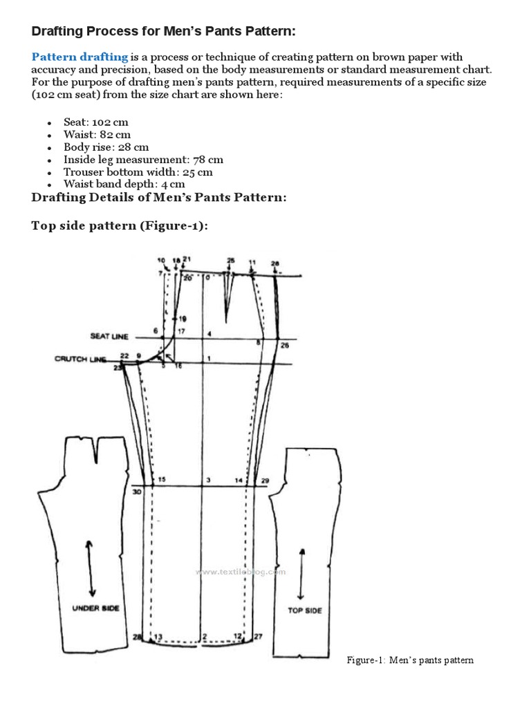 Drafting Details of Men's Pants Pattern Top Side Pattern (Figure1