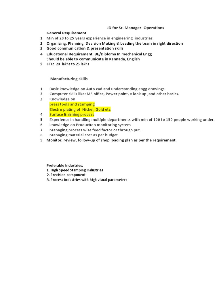 Senior Operations Manager Job Description | PDF