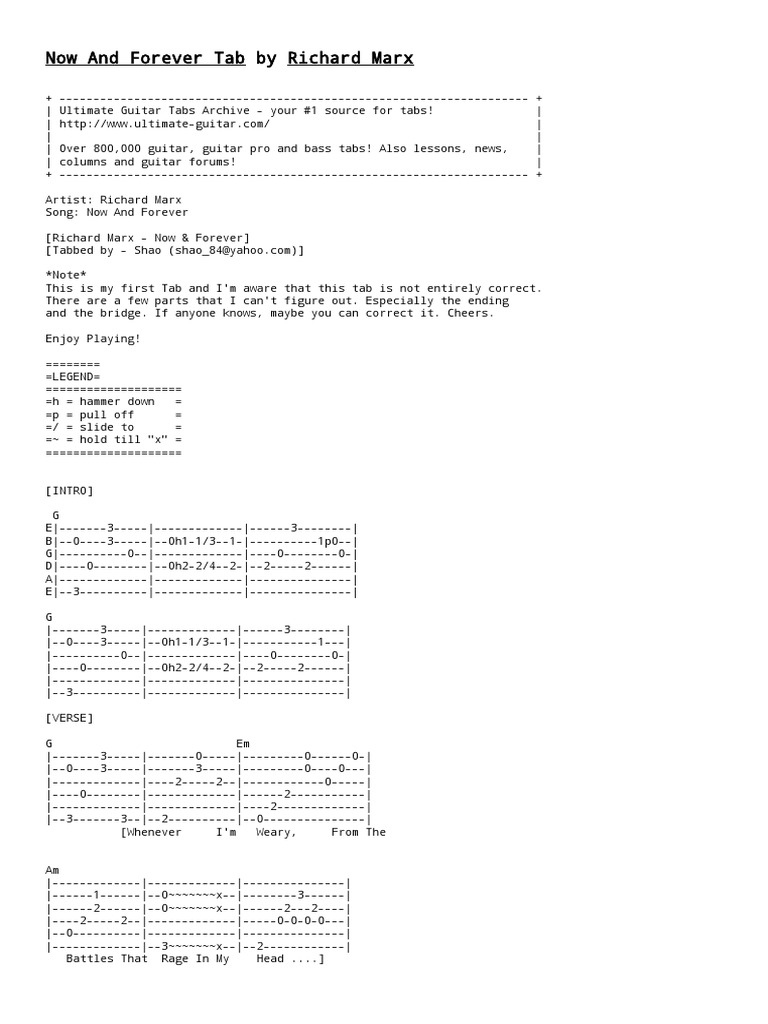 Now and Forever Tab by Richard Marx Tabs PDF Musical Forms