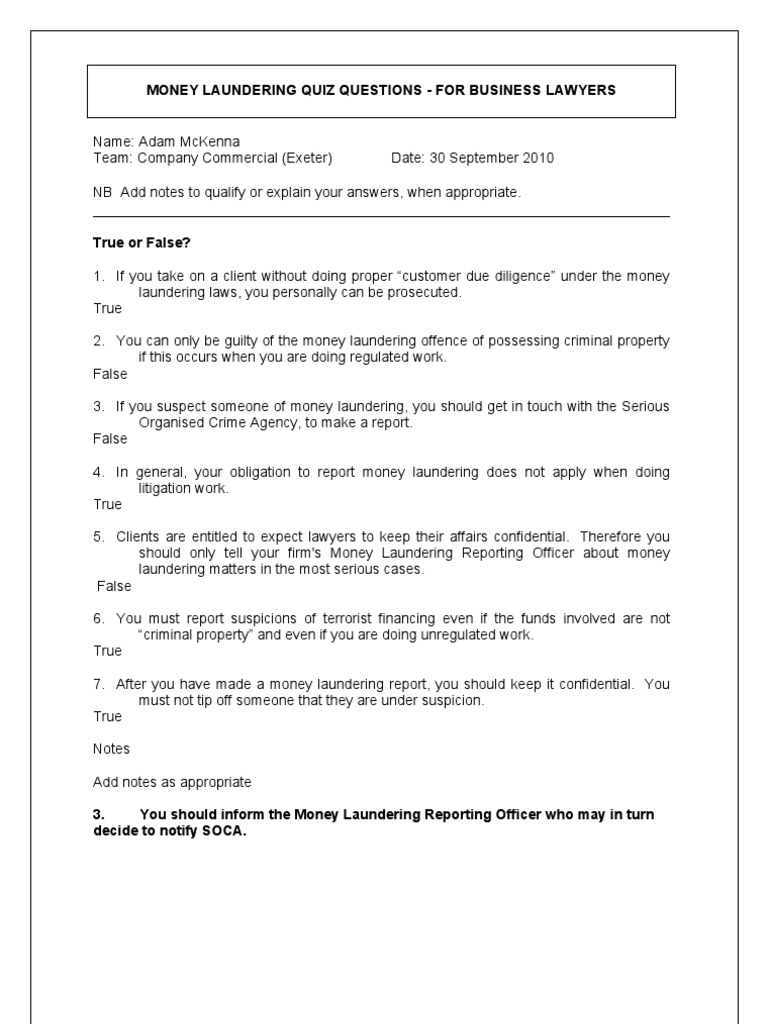 Aml Test Business Pdf Money Laundering Cheque