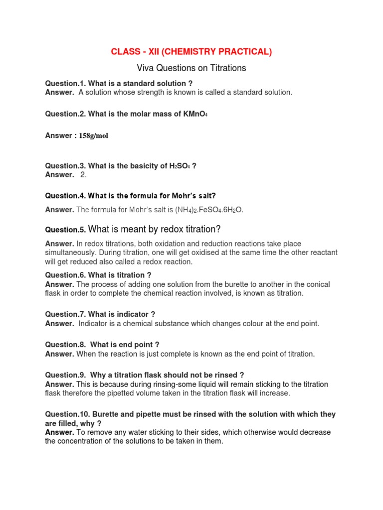 Viva Questions On Titrations XII PDF Chemistry Titration