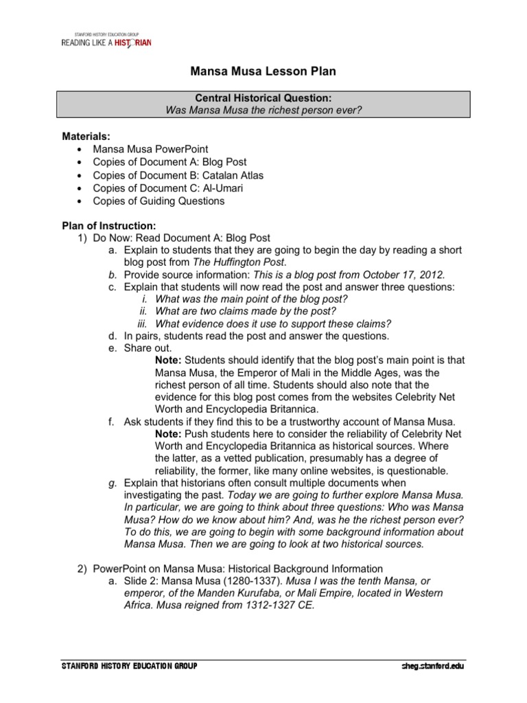 Mansa Musa Lesson Plan: Central Historical Question | PDF