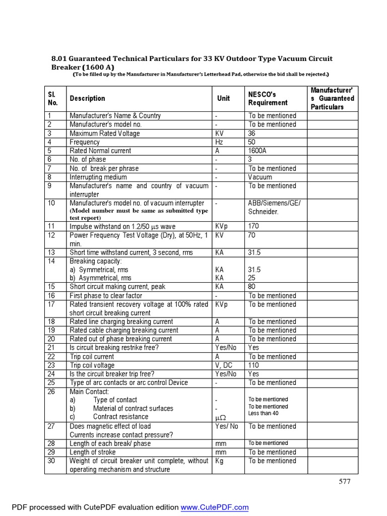 8.01 GTP - 33kV VCB (1600A) | PDF | Electrical Engineering | Metrology