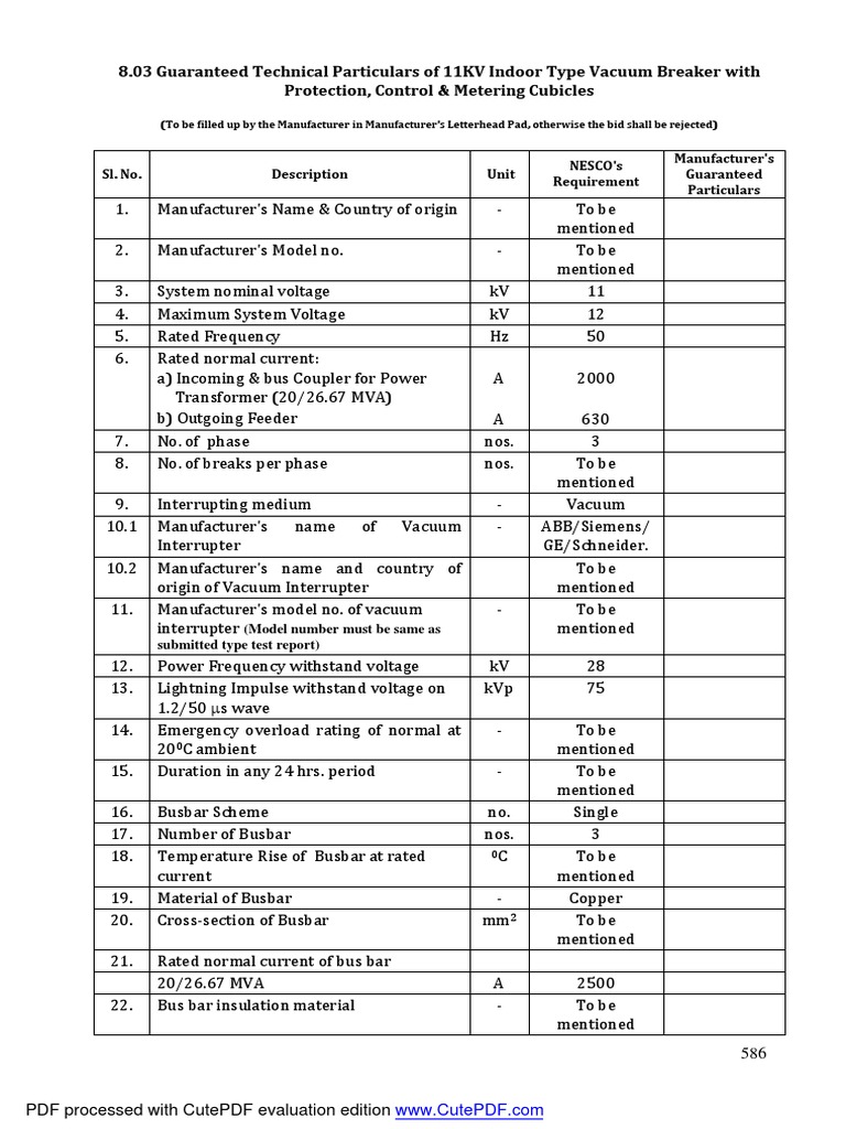 8.03 GTP - 11kV Indoor VCB | PDF | Relay | Physical Quantities