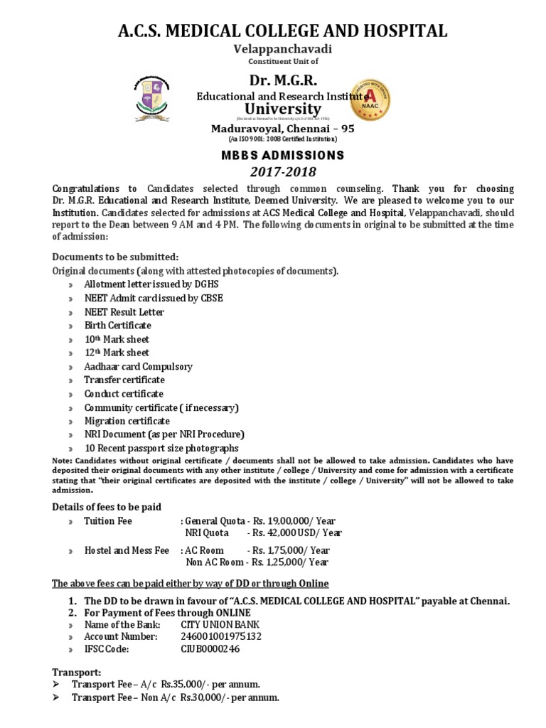 MBBS Admission Details 2017-18 | PDF