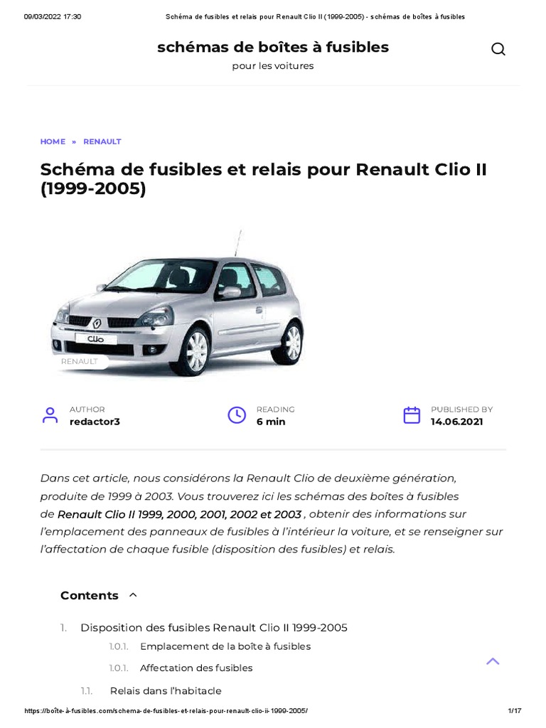 Schema Boite A Fusible Clio 2 Phase 1 Schéma de Fusibles Et Relais Pour Renault Clio II (1999-2005) - Schémas de  Boîtes À Fusibles | PDF | Transmission (Mécanique) | Renault
