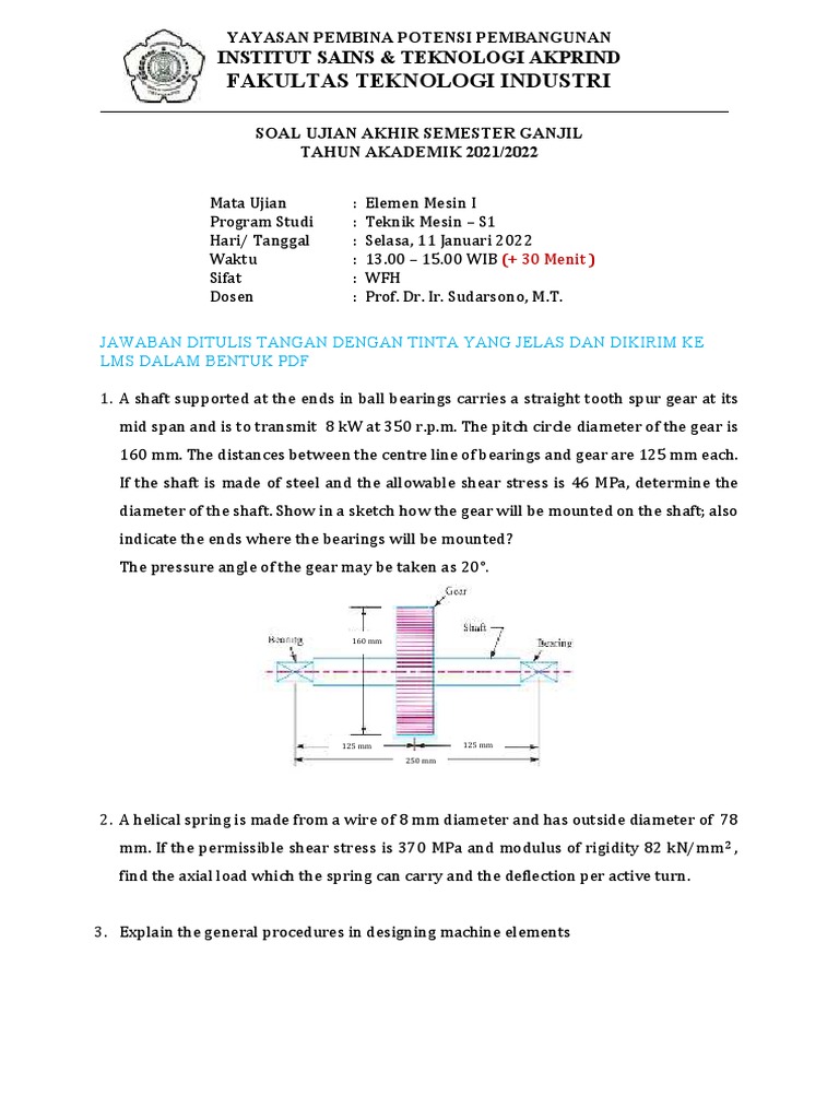 Soal Ujian Elemen Mesin I 2021 2022 Pdf