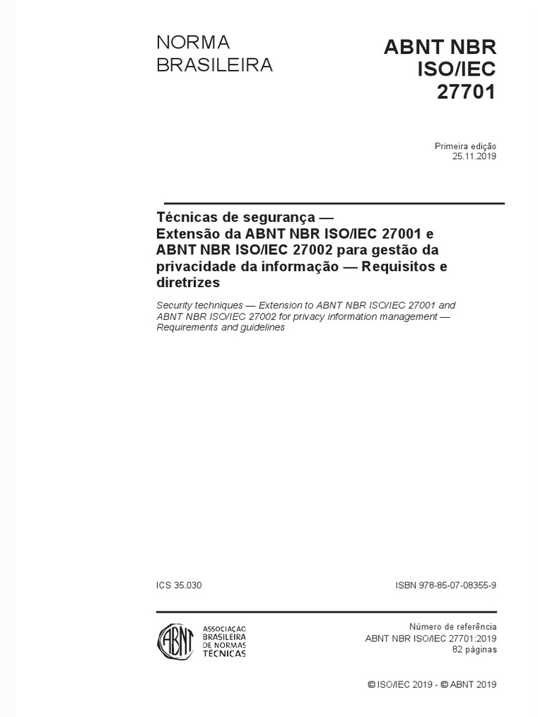 Norma Brasileira: Abnt NBR Iso/Iec 27701 | PDF | Segurança da ...