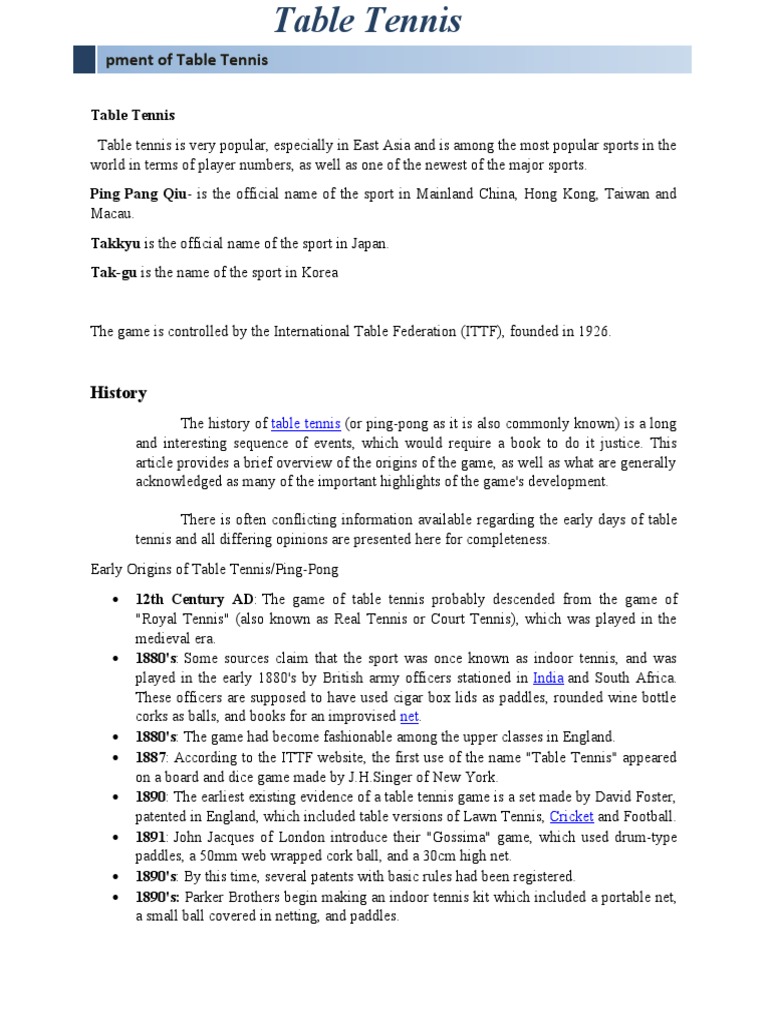 History and Development Pment of Table Tennis Topic 1 Download Free