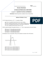 Student Name: - Class: - Revision Worksheet Grade 10 Advanced Mathematics (2019-2020) Chapter 2 - Quadratic Functions and Relations