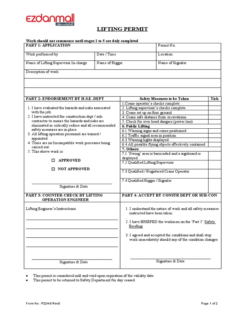 Lifting Permit PDF Crane (Machine) Safety