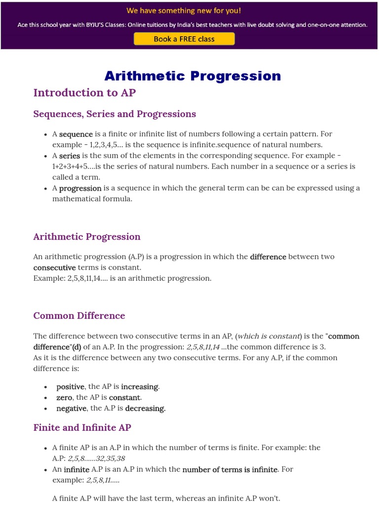 Introduction to Arithmetic Progression | PDF | Sequence | Infinity