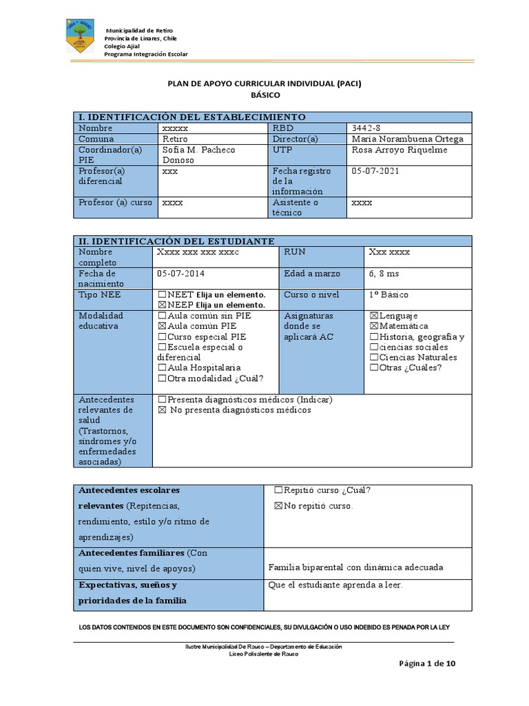 Formato PACI 1° BÁSICO Modificado | PDF | Evaluación | Aprendizaje