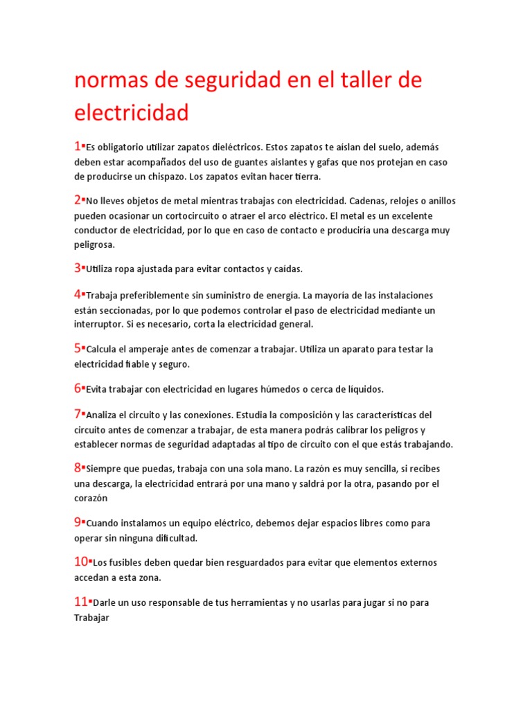Normas de Seguridad en El Taller de Electricidad 9c | PDF | Tecnología