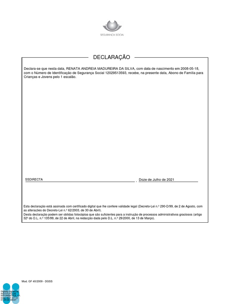 Declaração: Mod. GF 40/2009 - DGSS | PDF