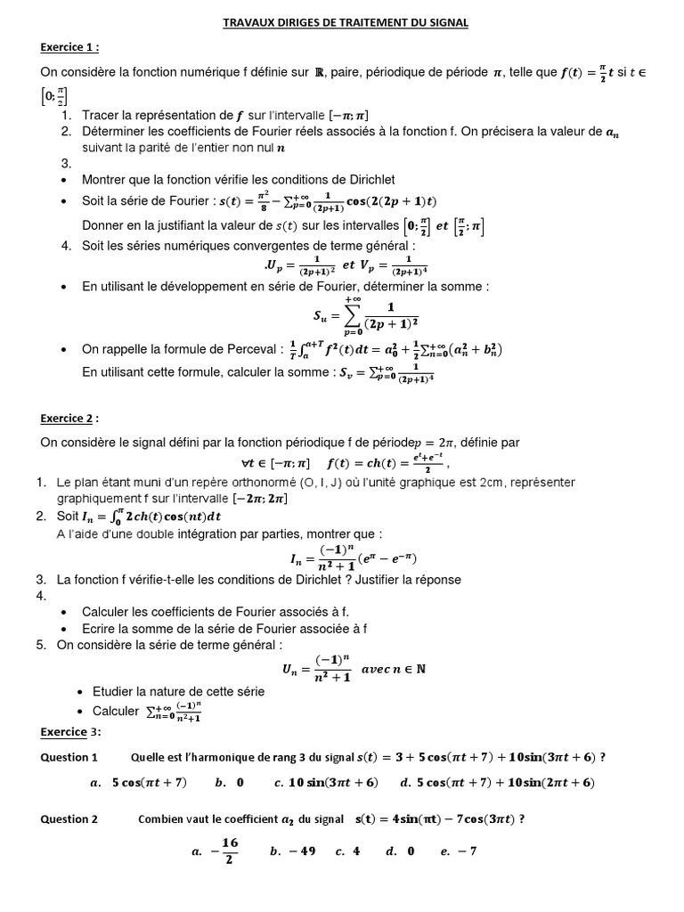 Traitement du Signal : Exercices et Fourier | PDF | Série ...