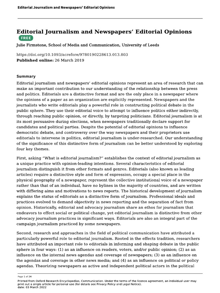 Editorial Journalism and Newspaper's Editorial Opinions | PDF