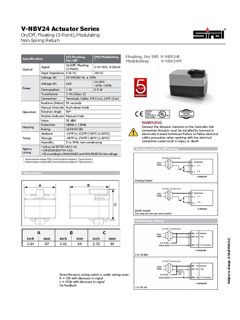 VNBV24 Actuator Series On/Off, Floating (3Point), Modulating Non