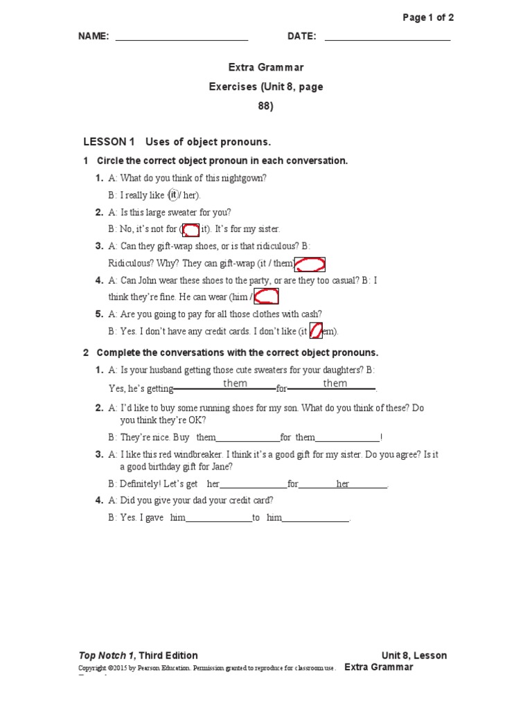 Extra Grammar Exercises (Unit 8, Page 88) LESSON 1 Uses of Object ...