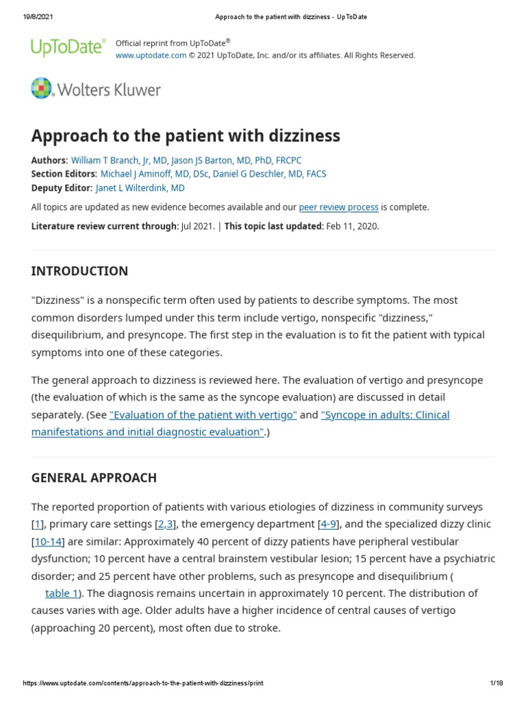 Approach To The Patient With Dizziness UpToDate PDF Vertigo