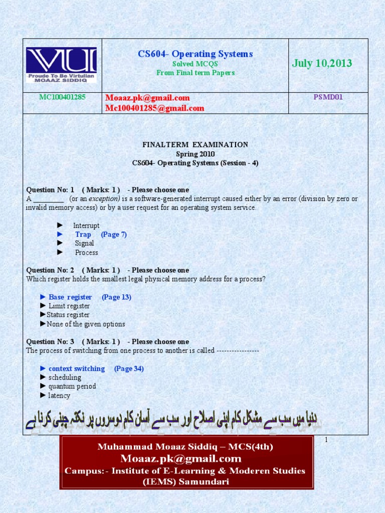 CS604 Operating Systems Final Exam MCQs | PDF | Scheduling (Computing ...
