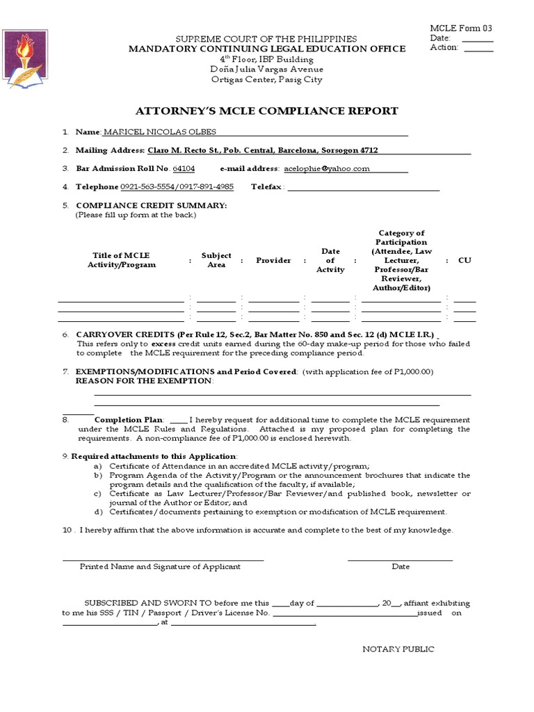 BLANK MCLE Form No. 03 Attorneys MCLE Compliance Report PDF