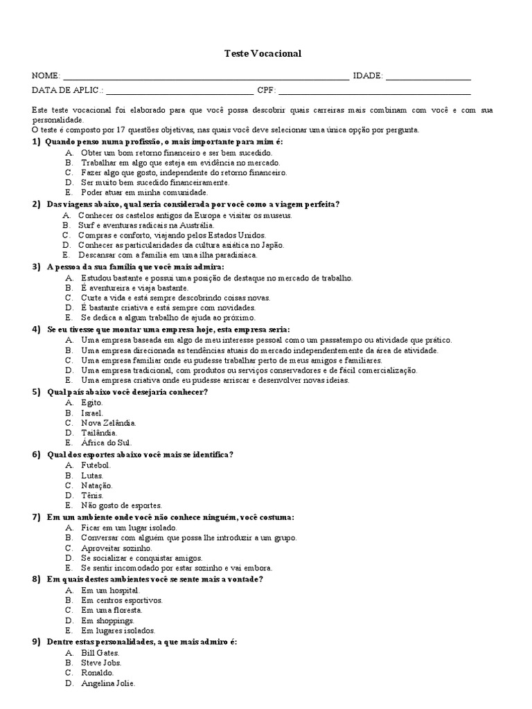 Teste Vocacional para Imprimir | PDF | Carreira e Crescimento ...