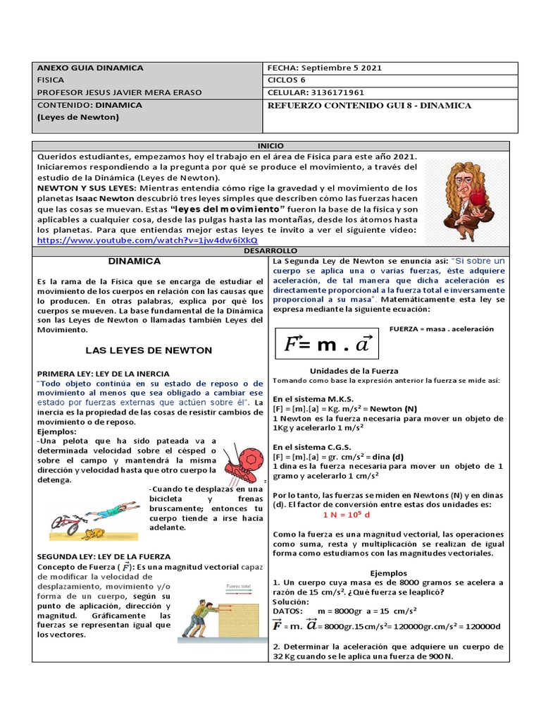 Guía 8. Refuerzo 1 Dinámica Tipos de Fuerza | PDF | Fuerza | Las leyes ...