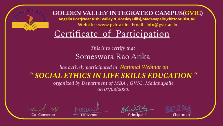 Certificate For Someswara Rao Arika For Attendance & Feedback On Na ...