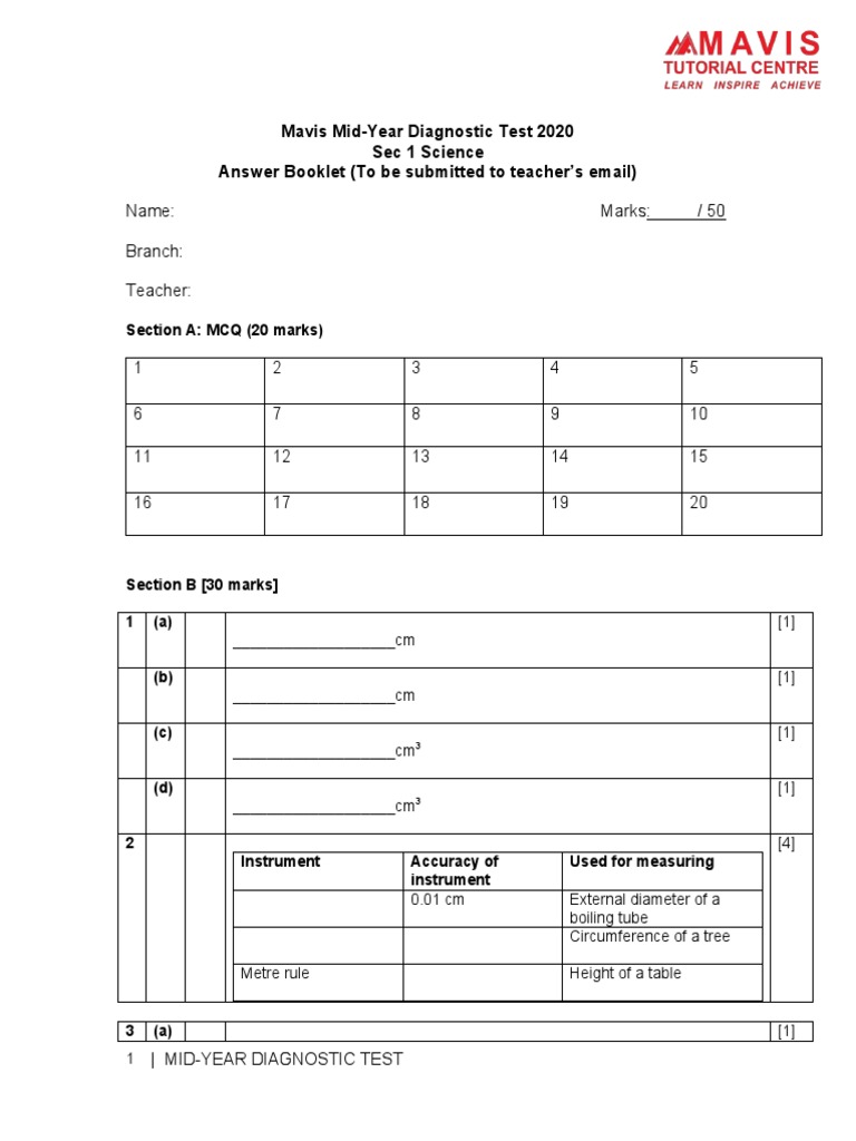 Sec 1 Science Mavis Mid Answer Booklet | PDF | Metrology | Physical ...