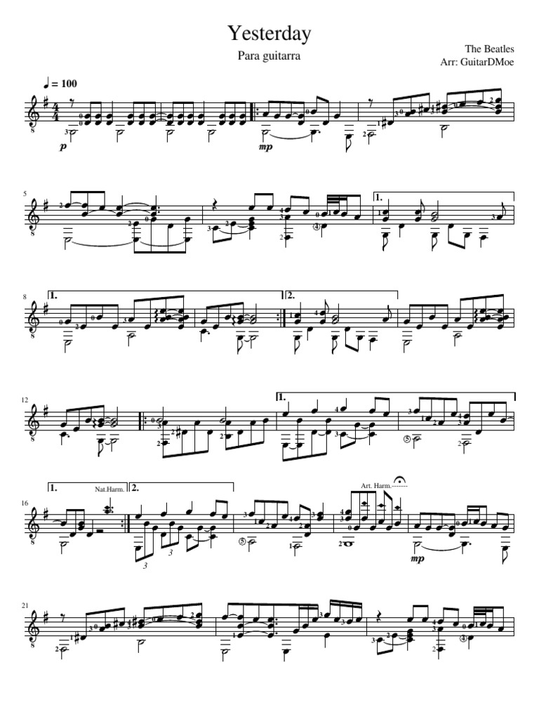 Yesterday Classical Guitar Sheet Music | PDF | Performing Arts
