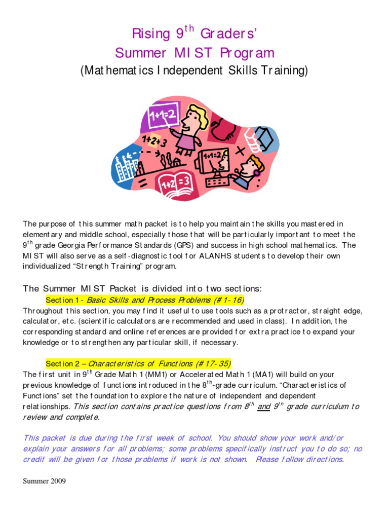 Summer 09 Rising 9th Grade Packet Basic Skills Part 1 and 2 | PDF ...