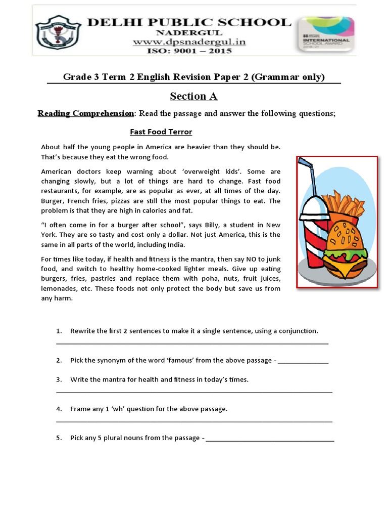 Grade 3 English Term 2 Revision Paper 2 (Grammar) PDF Adverb Verb