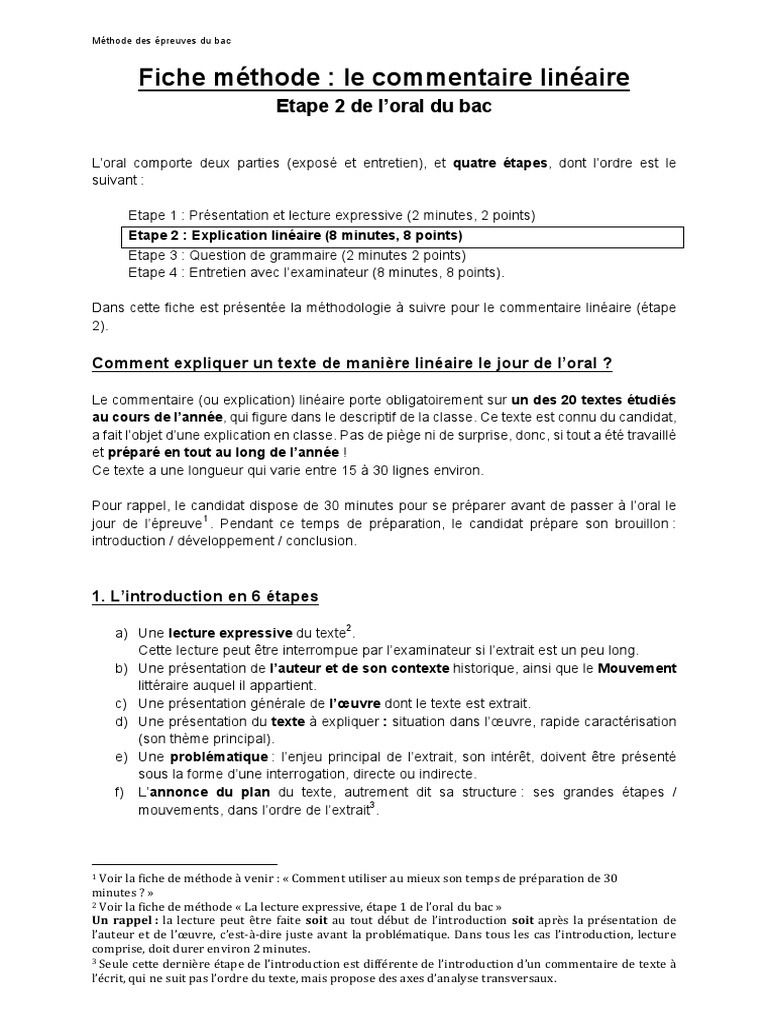 Méthode - Commentaire - Lineaire (Étape 2 de L'oral) | PDF