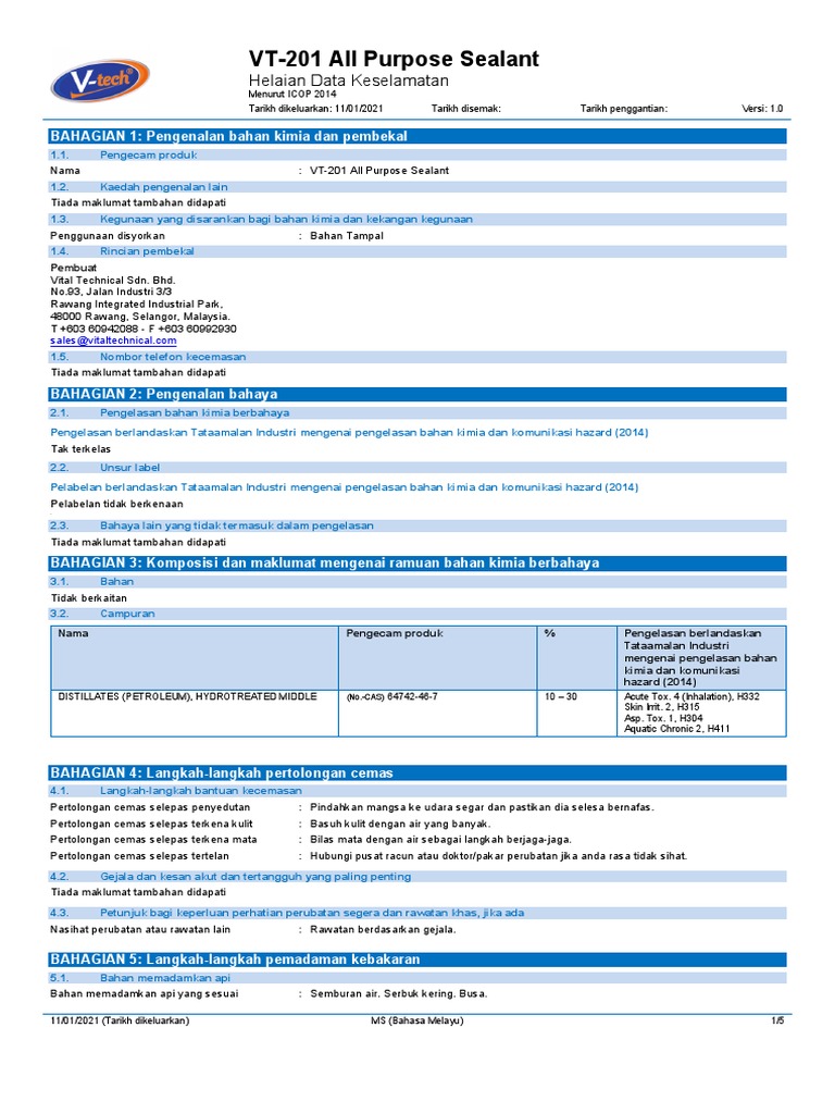 VT-201 All Purpose Sealant - SDS - MY - MS - 1.0 | PDF