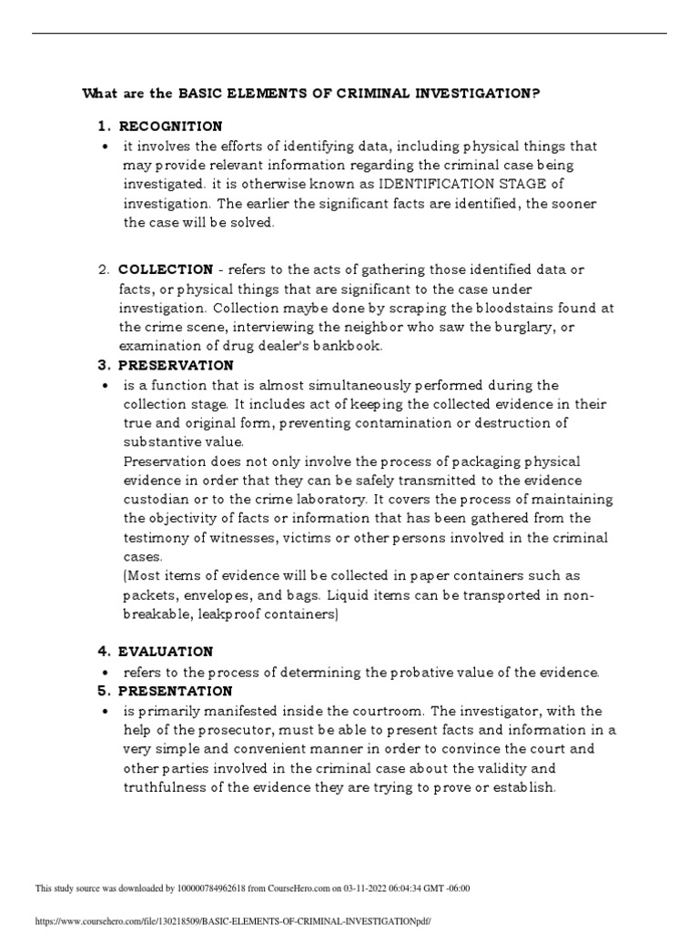 Basic Elements of Criminal Investigation PDF PDF Crime Scene Crimes