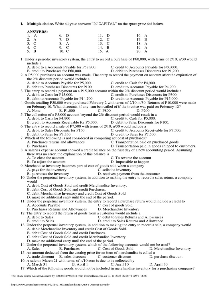 Merchandising Quiz 1 Answer Key PDF PDF Cost Of Goods Sold Debits