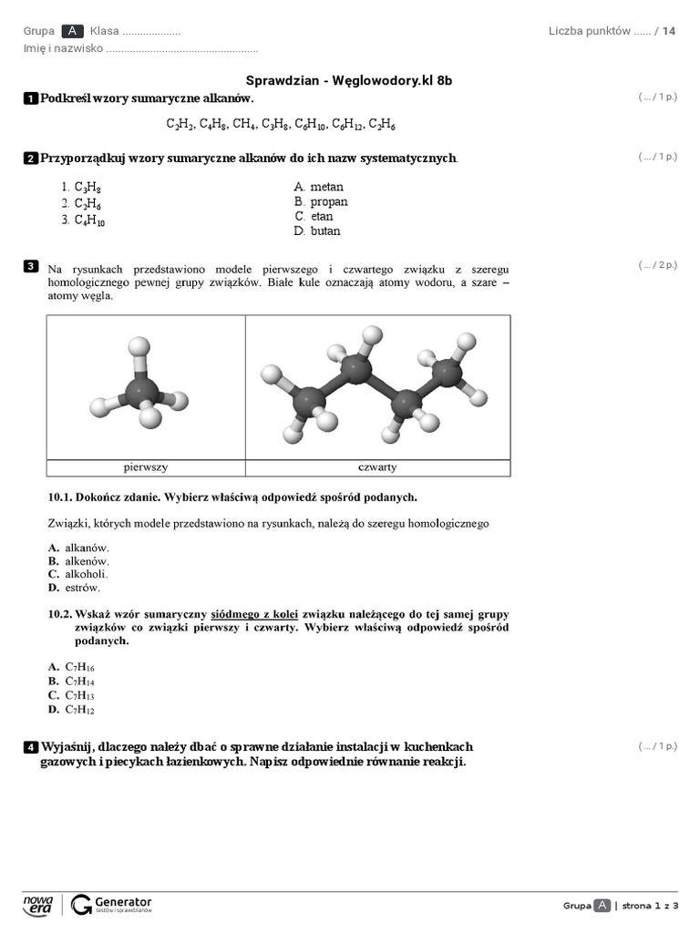 Sprawdzian Z Chemii Weglowodory Klasa 8