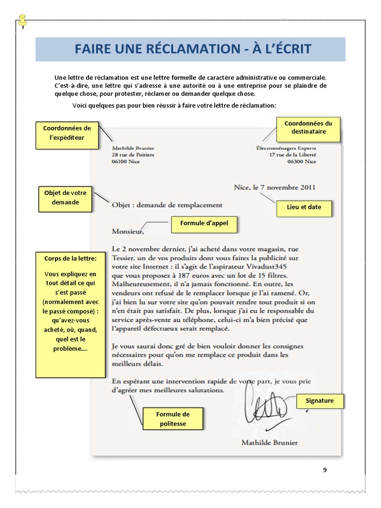 Lettre Pour Une Reclamation