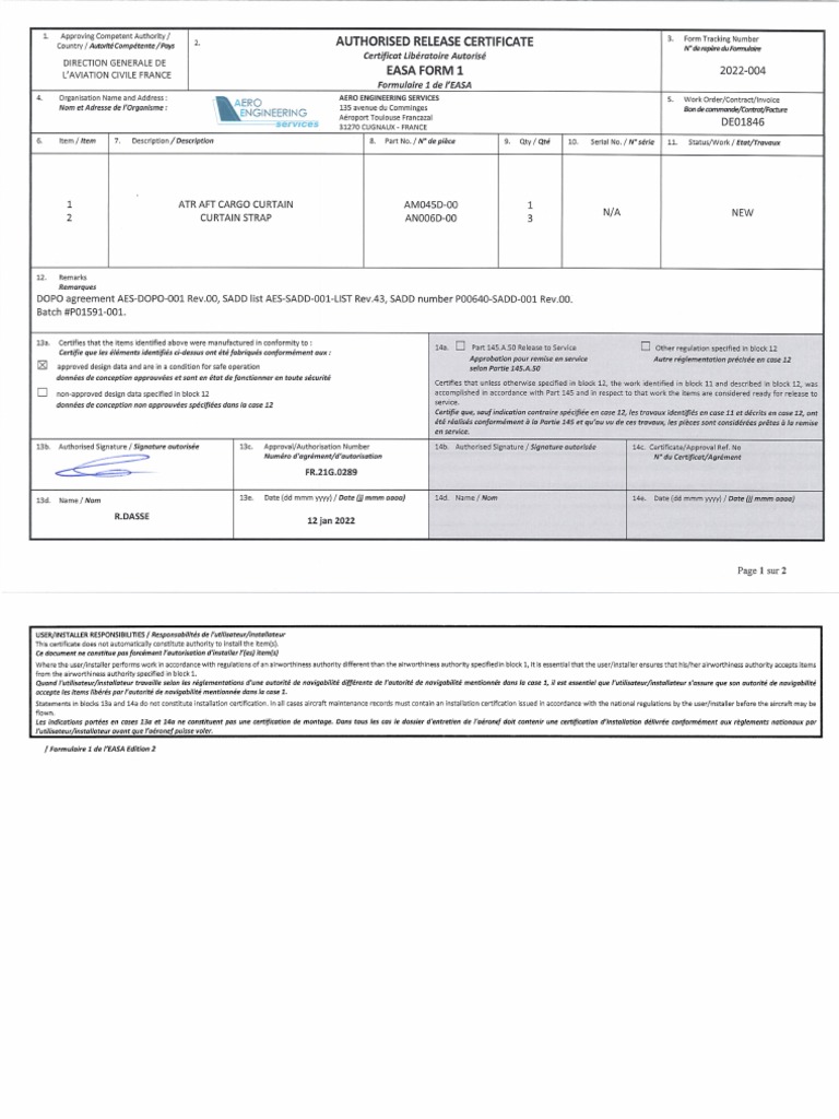 Easa Form 1 - 2022-004 | PDF