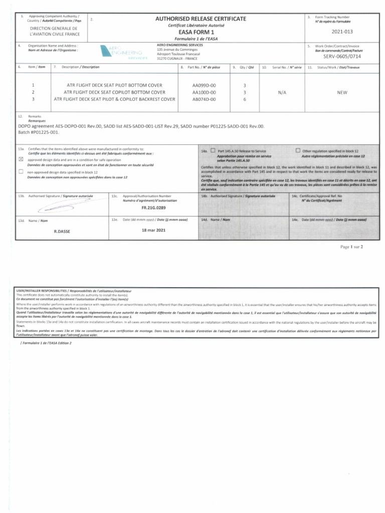 Easa Form 1 - 2021-013 | PDF