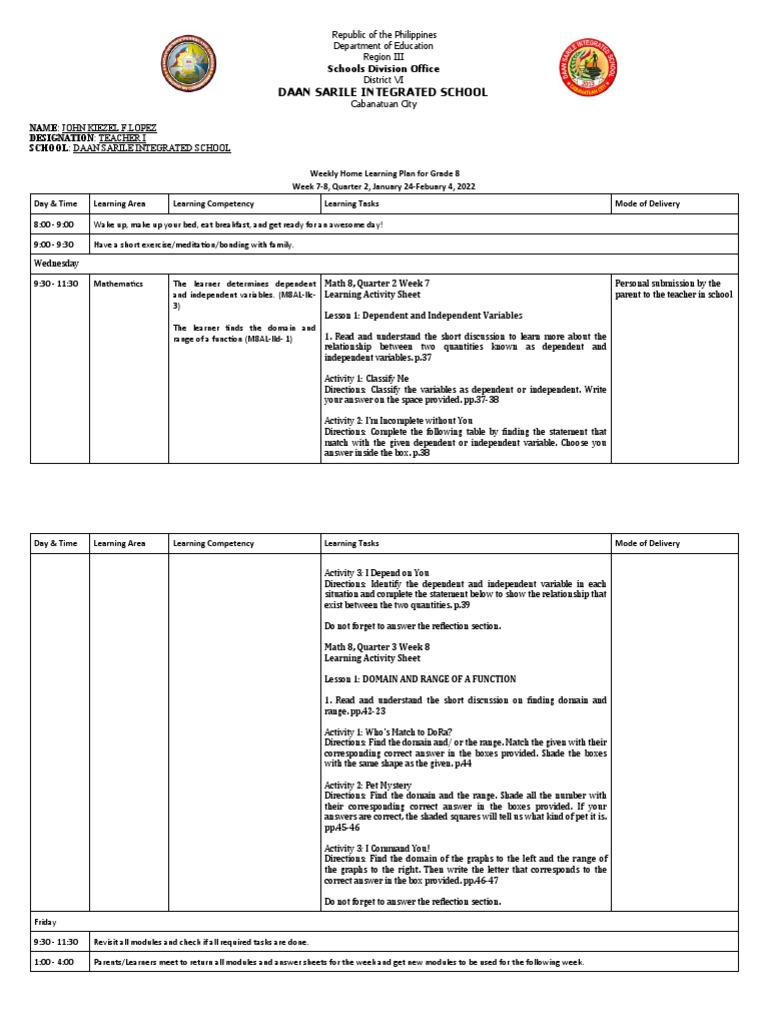 Grade 8 Math Learning Plan Week 7-8 | PDF | Learning | Function ...