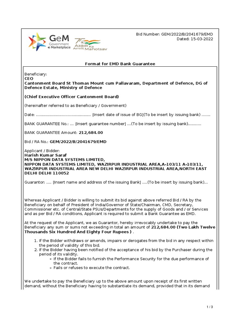 EMD Bank Guarantee Format for GEM | PDF | Common Law | Government