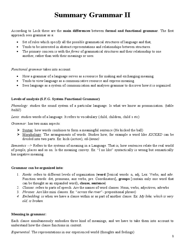 Summary Grammar II Formal And Functional Grammar Different Clauses