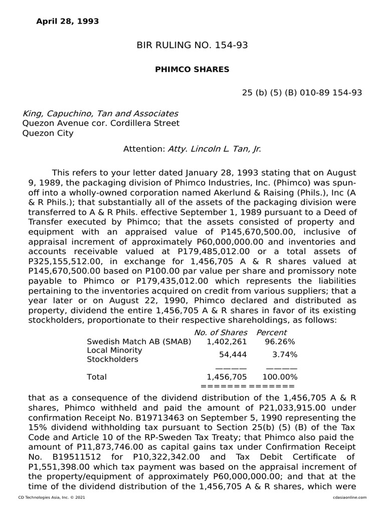 BIR RULING NO. 154-93: King, Capuchino, Tan and Associates | PDF ...